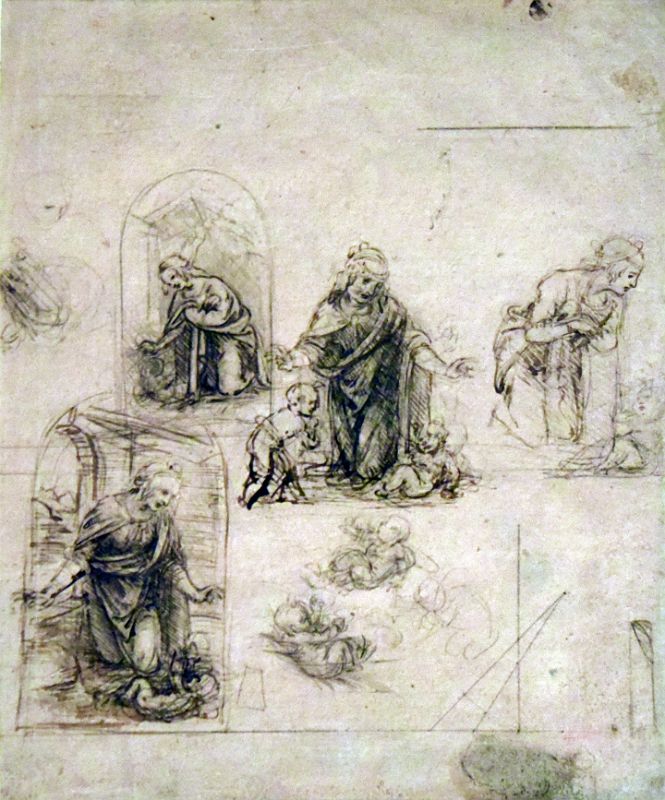 Leonardo Da Vinci 1482-85 Compositional Sketches for the Virgin Adoring the Christ Child From New York Metropolitan Museum Of Art At New York Met Breuer Unfinished